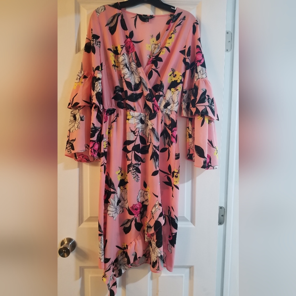 Pink Floral Faux Wrap Dress